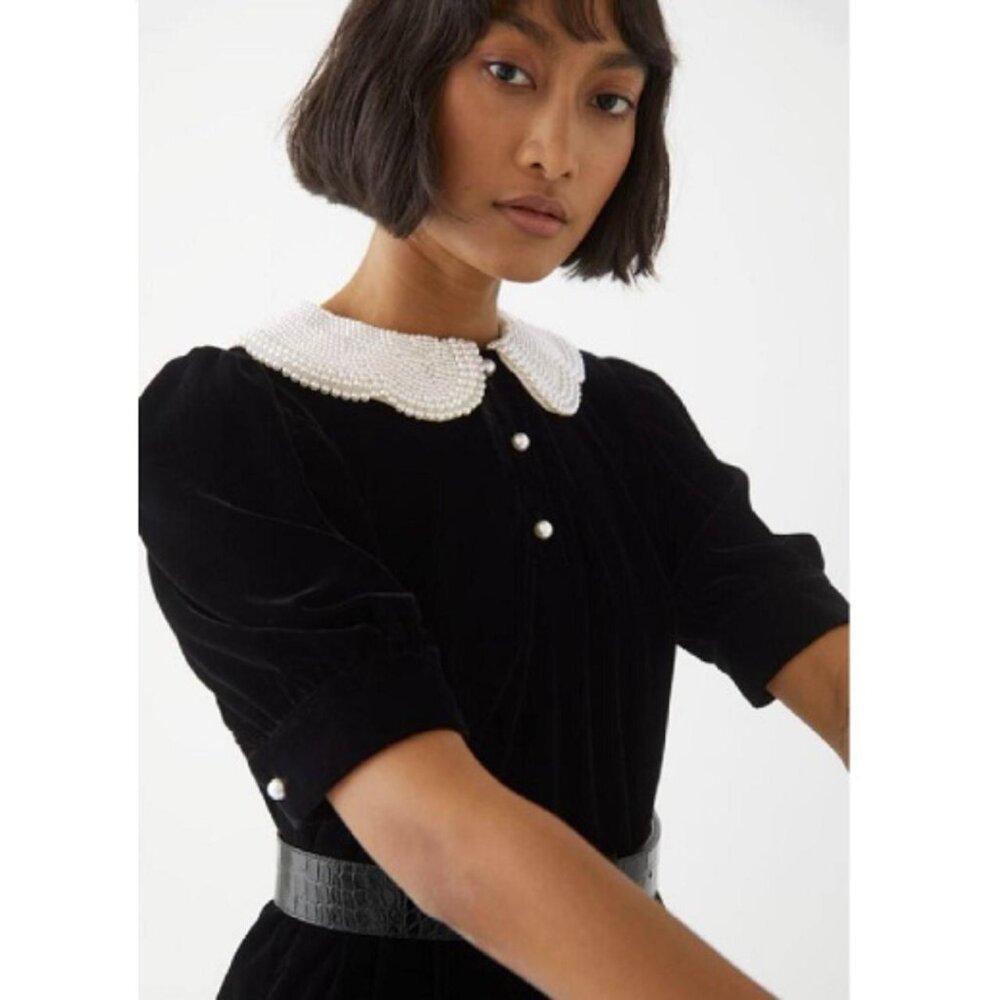 & Other Stories Velvet Mini Dress with Faux Pearl Collar in Black size 4 US